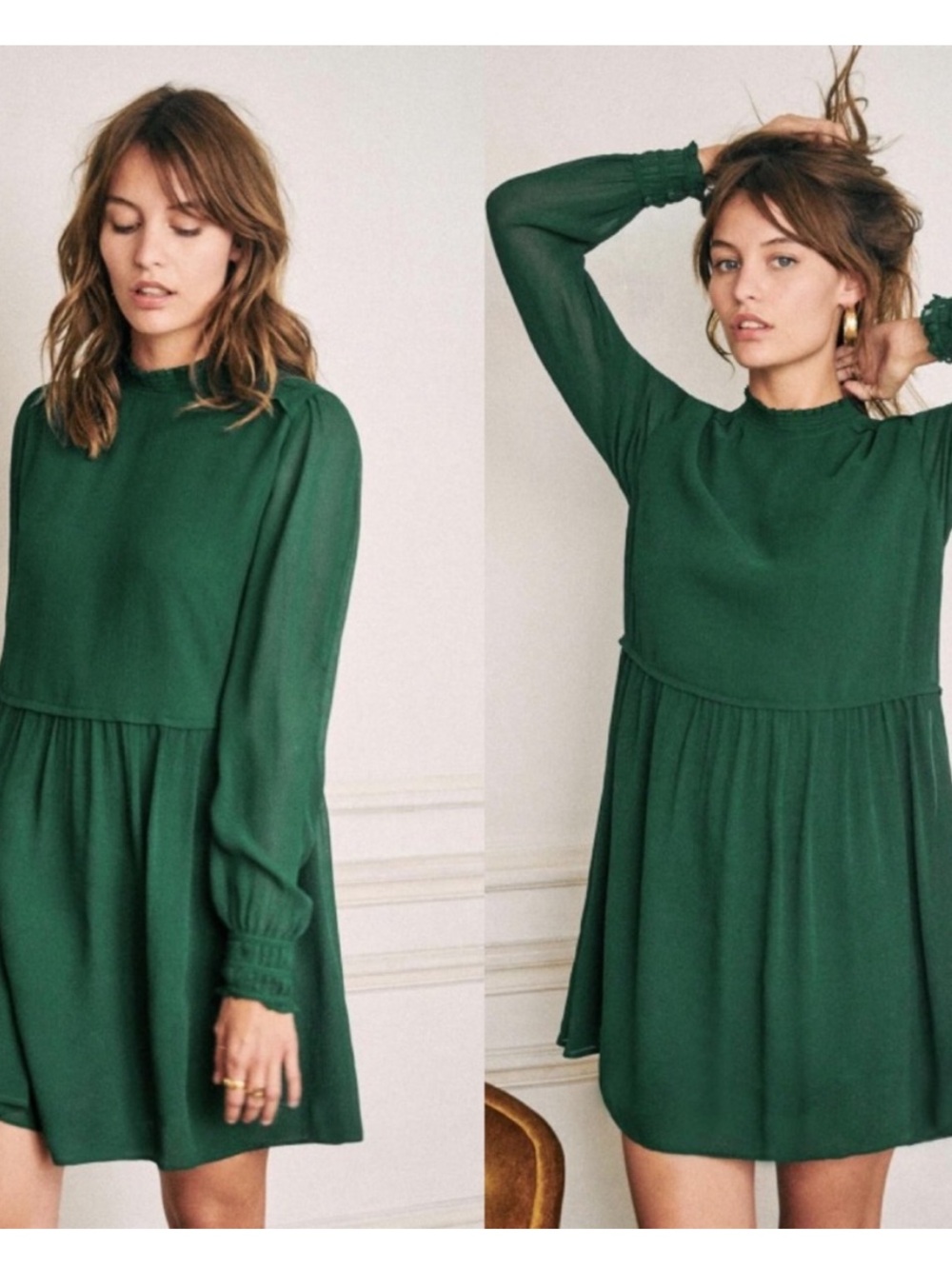 Sezane | Odile Silk High Neck Dress in Emerald FR 40 US 8